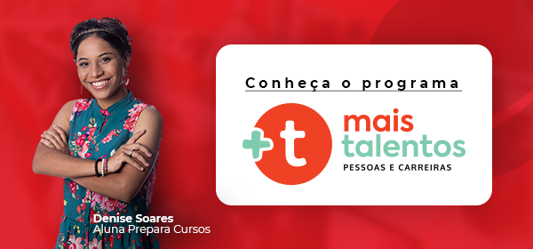 Quatro jovens sentados em um banco segurando um dispositivo móvel e sorrindo. Existe um botão azul e letras em branco com a frase "conheça aqui" e ao lado um logotipo do programa mais empregos da Prepara Cursos